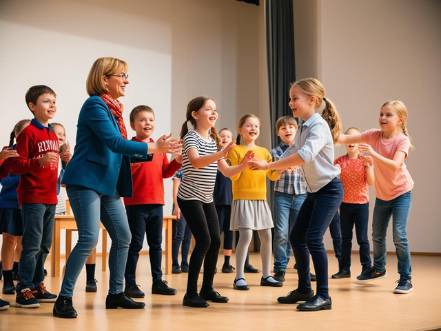 Kinder spielen Theater auf Bühne.