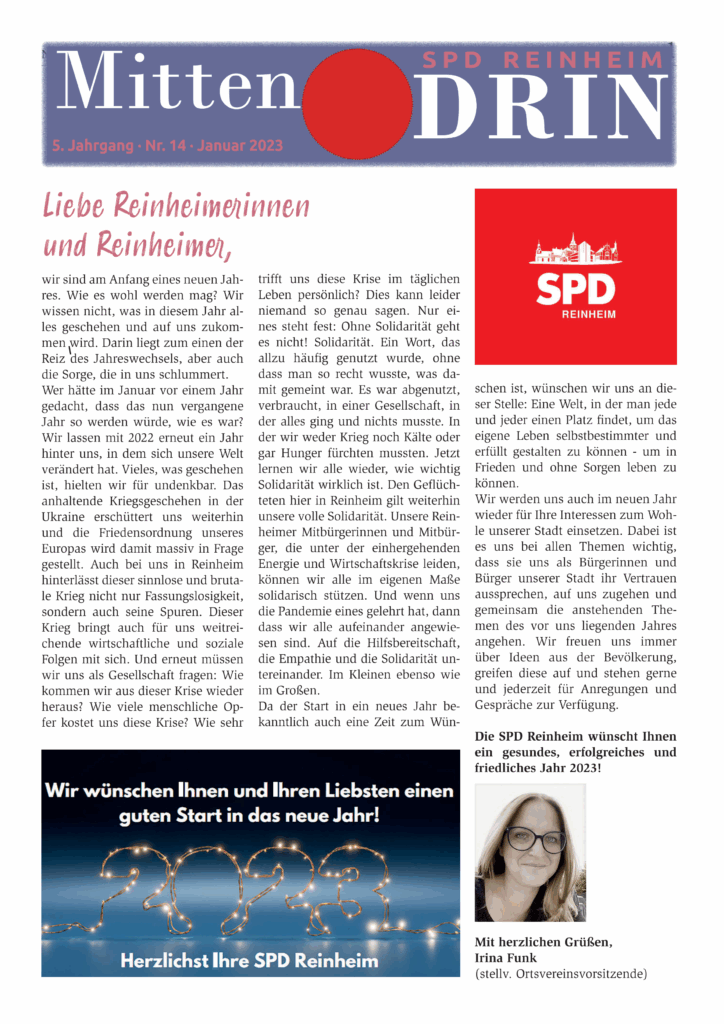 Titelseite des SPD Magazins der Stadt Reinheim.