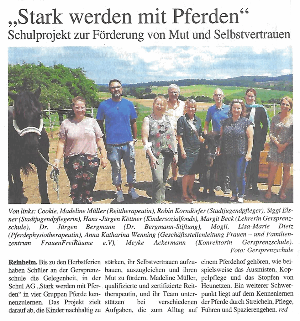 Zeitungsausschnitt im Odenwald Journal zum Schulprojekt "Stark werden mit Pferden".